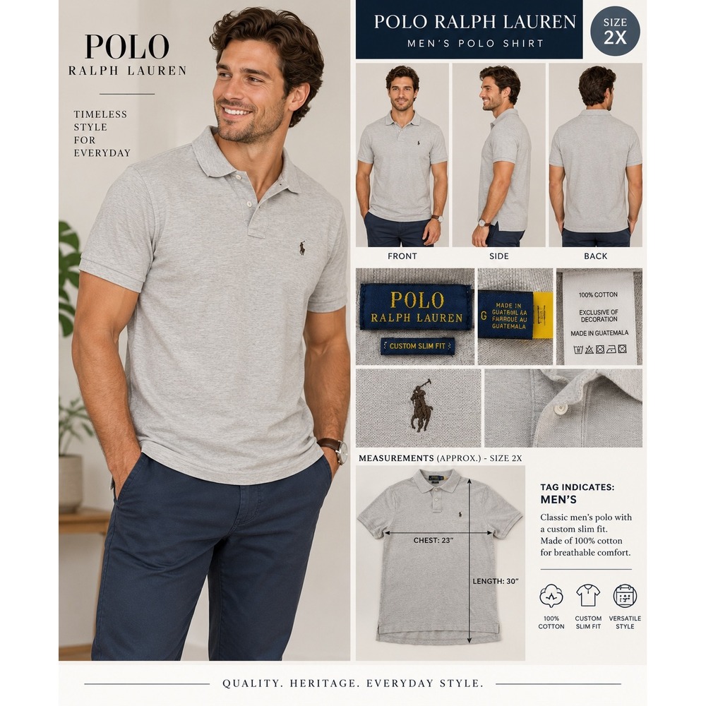 Polo Ralph Lauren Mens Custom Slim Fit Polo Shirt Grey Heather Size L